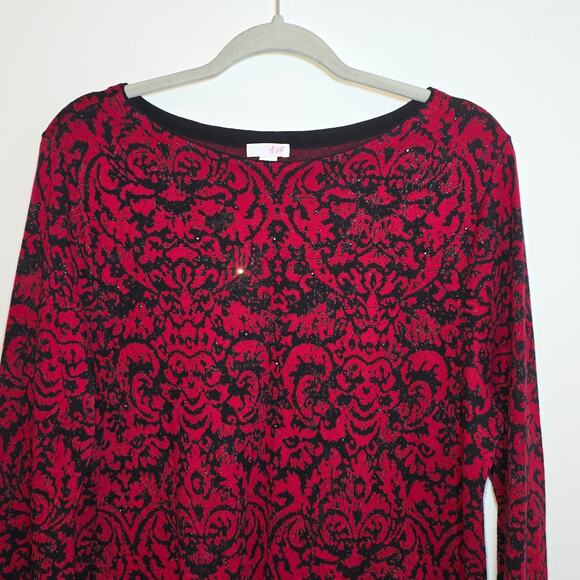 J. Jill Red Black Embellished Sparkle Pullover Sweater Top Womens Large Cotton - Picture 3 of 8